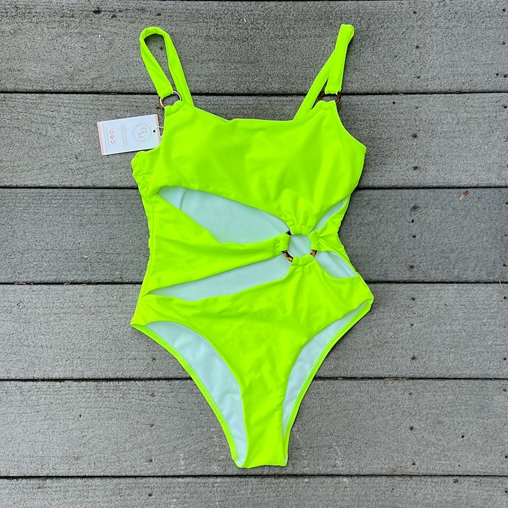 NWT Goodnight Macaroon Neon Green Cut-Out One-Piece Swimsuit Size Small